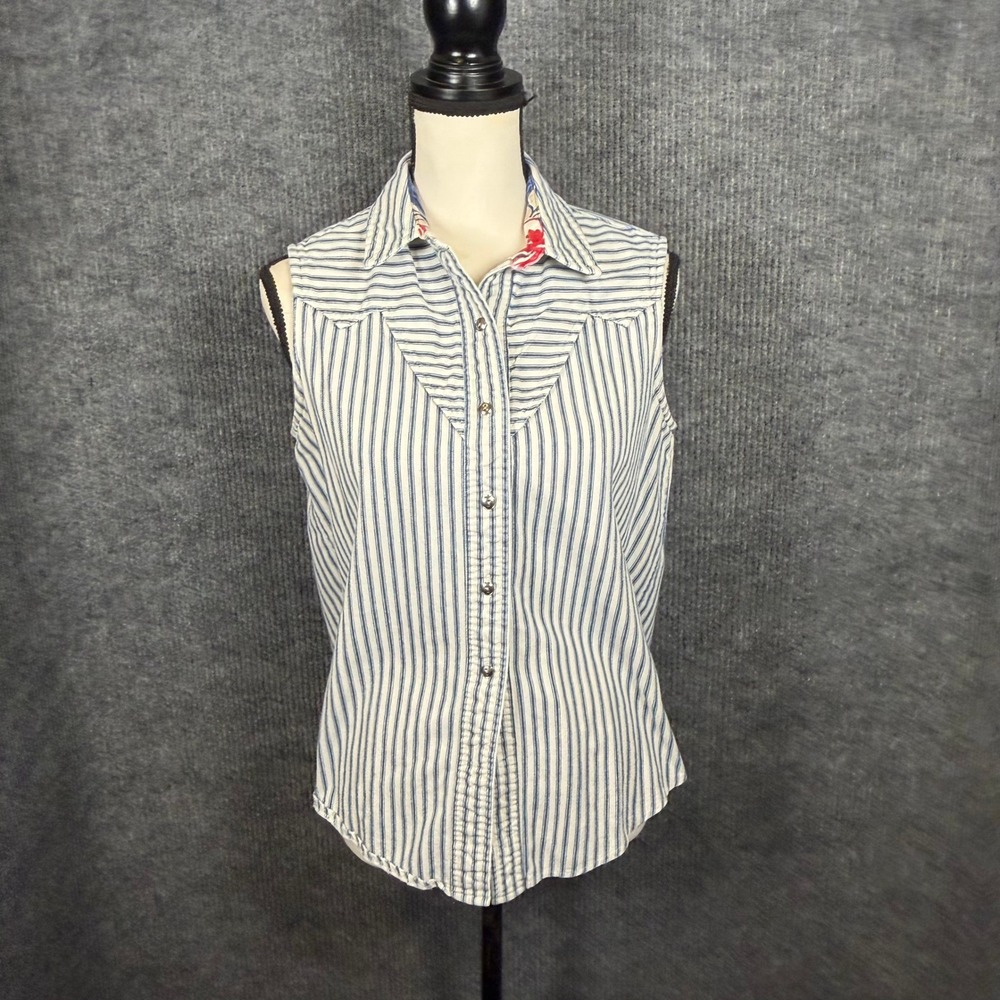 Vintage Rockies Sleeveless Striped Denim Shirt Sz M Western Yoke Ranchcore USA